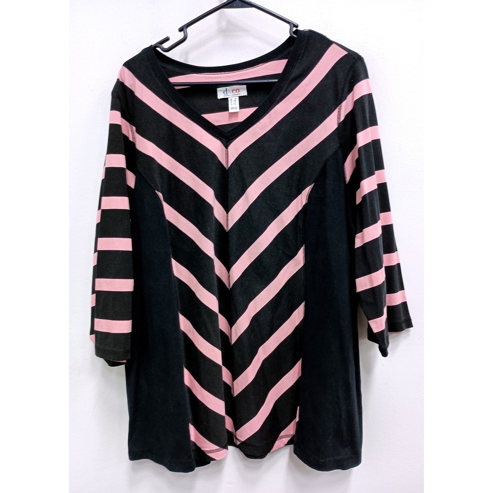 Denim & Co V-Neck Tunic Top Womens 1X Black Pink Chevron Striped 3/4 Sleeve